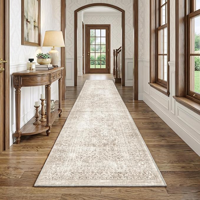 FMFUNCTEX 3x12 Runner Rug Beige Washable Vintage Neutral Distressed Non Slip Low Pile Indoor Carpet Soft Retro Floral Hallway Entryway Rug for Kitchen Living Room Bedroom Bathroom Laundry Bedside