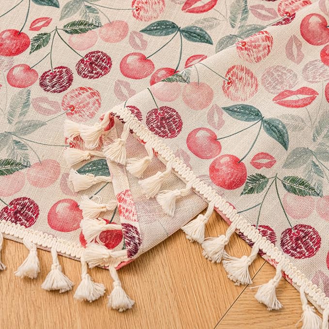 Deeprove Boho Valance Kitchen Cafe Over Sink Window Treatment Retro Aesthetic Style, Pink Red Cherry Print Abstract Short Drape Adjustable Curtain for Bedroom Living Room, 52Wx18L Rod Pocket 1 Panel