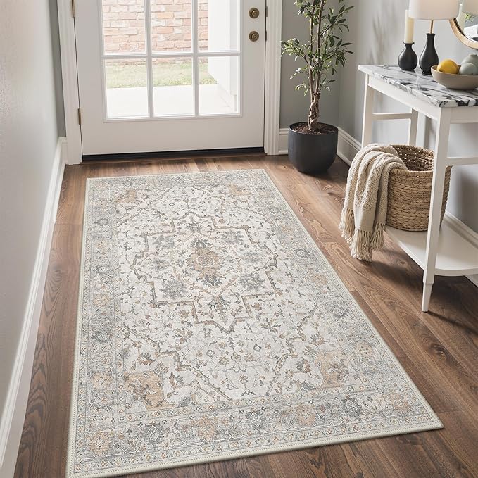 GENIMO 5x7 Area Rugs for Living Room, Machine Washable Non Slip Vintage Rugs, Low Pile Lightweight Chenille Print Rug for Bedroom, Dining Room, Home Office, Gray Brown