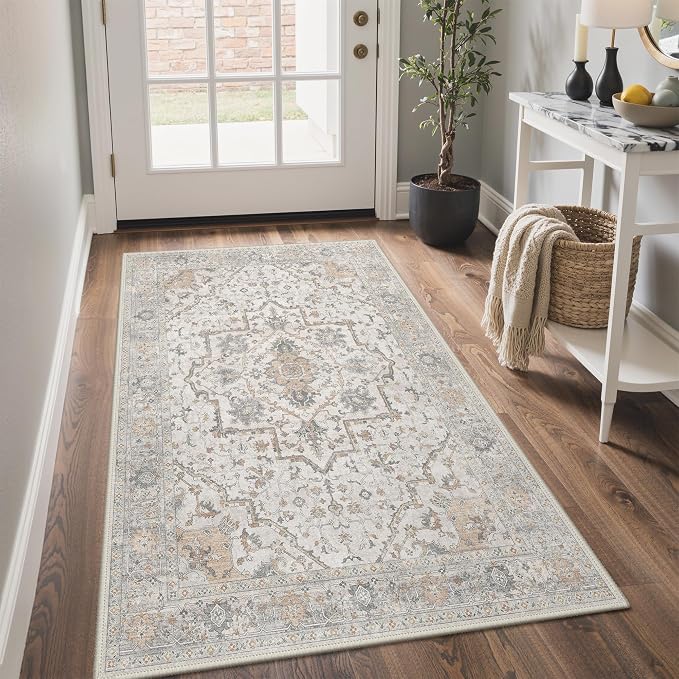 GENIMO 5x7 Area Rugs for Living Room, Machine Washable Non Slip Vintage Rugs, Low Pile Lightweight Chenille Print Rug for Bedroom, Dining Room, Home Office, Gray Brown