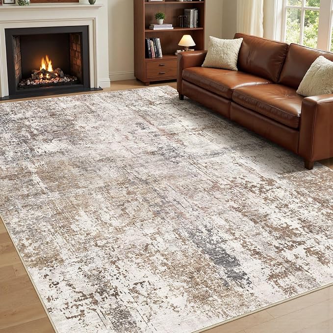UERMEI 10x12 Washable Area Rug - Neutral Modern Abstract Living Room Rugs, Non-Slip Soft Large Indoor Floor Carpet for Bedroom Home Office & Under Dining Table Decor, Brown/Grey/Red