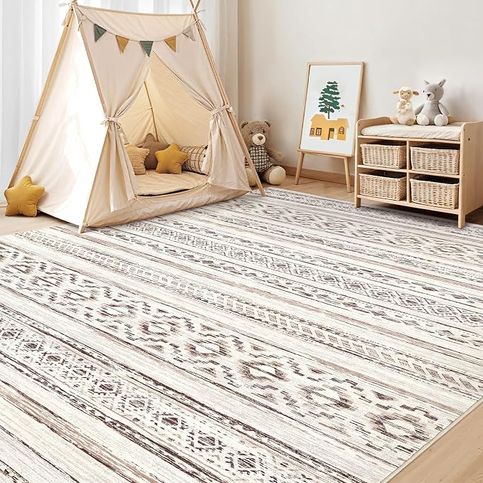 cotiled 6x9 Area Rugs Living Room Rug: Washable Boho Rugs with Non Slip Backing Large Soft Indoor Stain Resistant Carpet for Bedroom Farmhouse Dining Room Lightweight Home Decor Cream Brown
