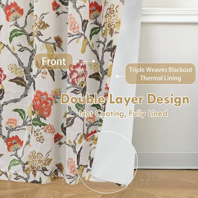 DriftAway Ada Floral Botanical Print Flower Leaf Lined Thermal Insulated Room Darkening Linen Blackout Back Tab Window Curtains 2 Layers Set of 2 Panels Each 52 Inch by 102 Inch Orange Terra Cotta
