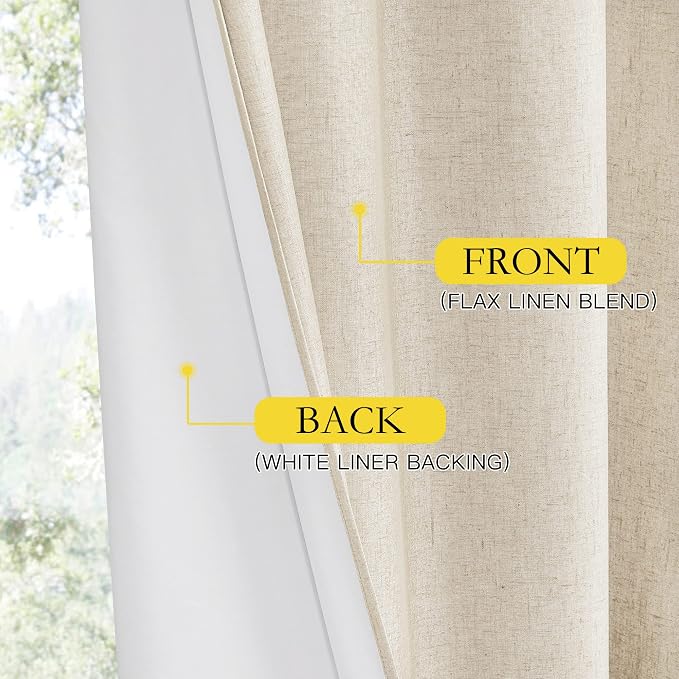 NICETOWN 100% Absolutely Blackout Linen Curtains with Thermal Insulated White Liner, Beige, 62" Wide, 2 Pieces, Privacy Vertical Window Drapes for Office Laundry Living Room Windows 84 inch Long