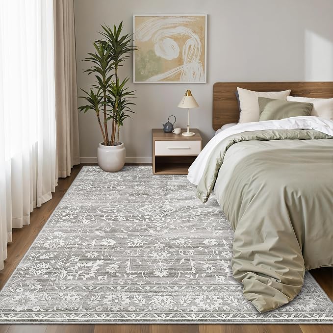 Soalmost 6x9 Area Rugs for Living Room, Washable Bedroom Soft Rug Grey | Vintage Floral Non-Slip Low Pile Stain Resistant Throw Large Neutral Carpet for Dining Room Kitchen Home Office Nursery 6'x9'