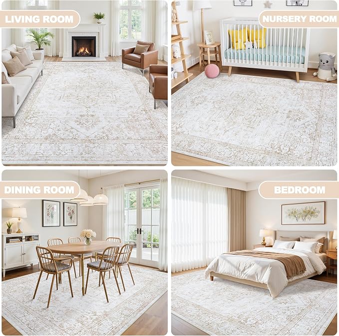 9x12 Area Rugs for Living Room:Beige Washable Vintage Medallion Rug Non-Slip Soft Low Pile Large Rugs Indoor Retro Carpet for Bedroom Kitchen Nursery Dining Table Office (Beige, 9'x12')