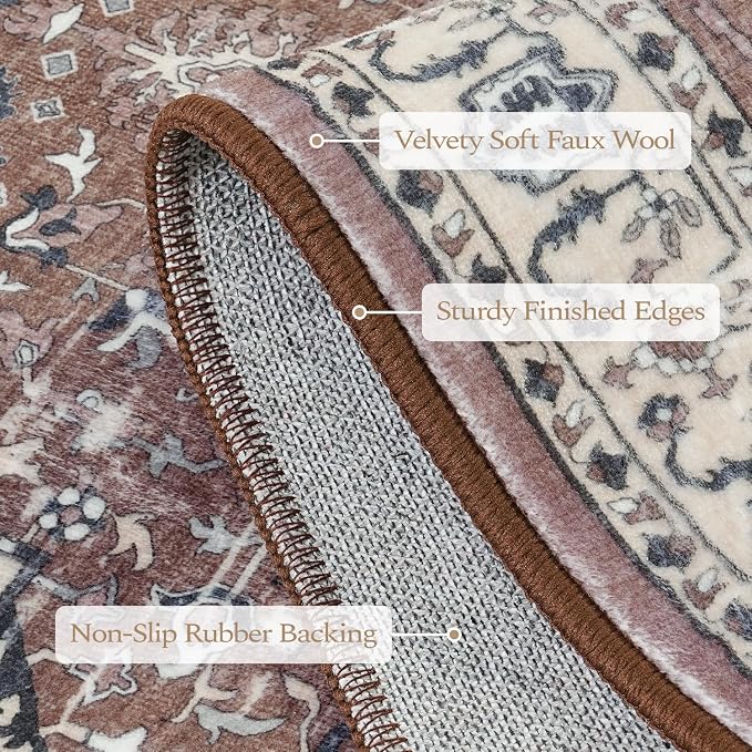 Rugflix 8x10 Area Rugs for Living Room, Washable Rug, Soft Low Pile Carpet, Non-Slip, Stain Resistant, Vintage Area Rug, Brown Beige Rug for Bedroom, Dining Room, Home Office
