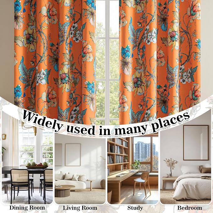 MYSKY HOME Orange Floral 95% Blackout Curtains 54 Inches Long for Small Window Thermal Insulated Light Blocking Drapes Grommet Country Coquette Window Panels, 2 Pcs, 52" Wide