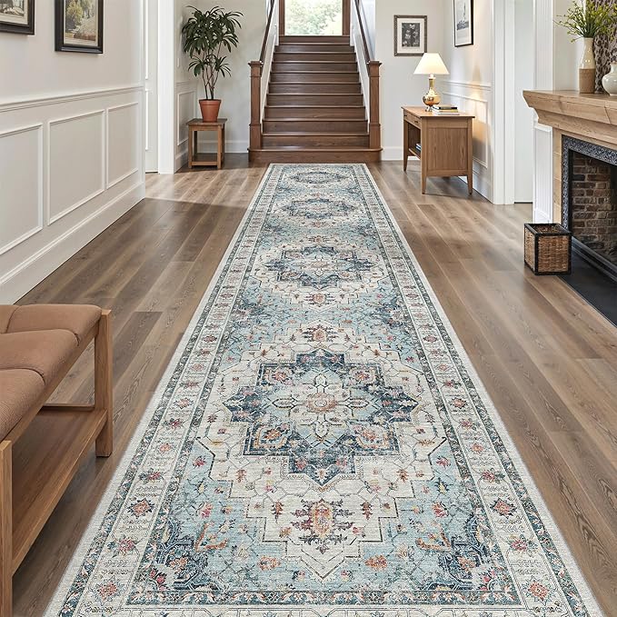 Madane Hallway Runner Rug 3x14 Washable Kitchen Runners Long, Blue | Vintage Non-Slip Wide Area Rugs 14ft for Entryway, Soft Thin Low-Pile Farmhouse Indoor Floor Carpet for Living Room Bedroom
