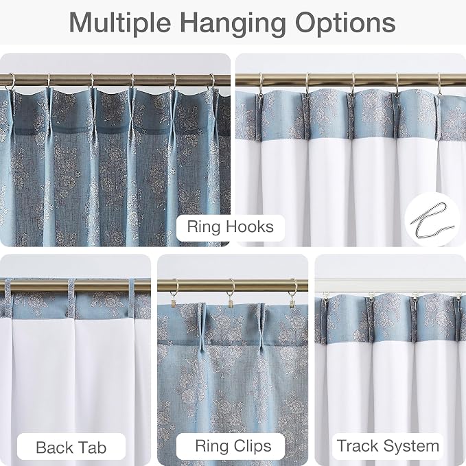 Vision Home Blue Block Print Pinch Pleated Light Filtering Curtains Panels, Linen Window Drapes with Microfiber Liner & Back Tab Hooks for Living Room Bedroom, Coastal Botanical 40x95 Inch Set of 2