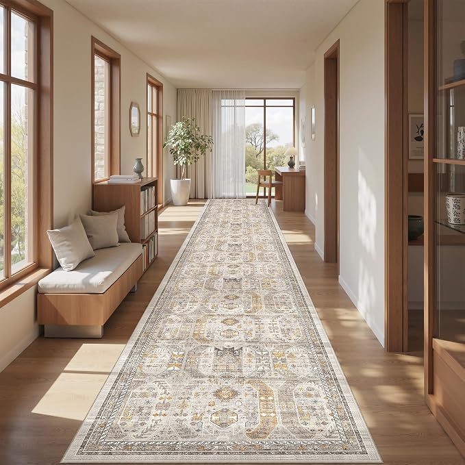 2'6" x 16'Non Slip Runner Rugs - Runners for hallways, Kitchen,Entryway,Stain Resistant Washable Rugs for Bedroom, Indoor Vintage Area Rugs (Brown/Gold,2'6" x 16')