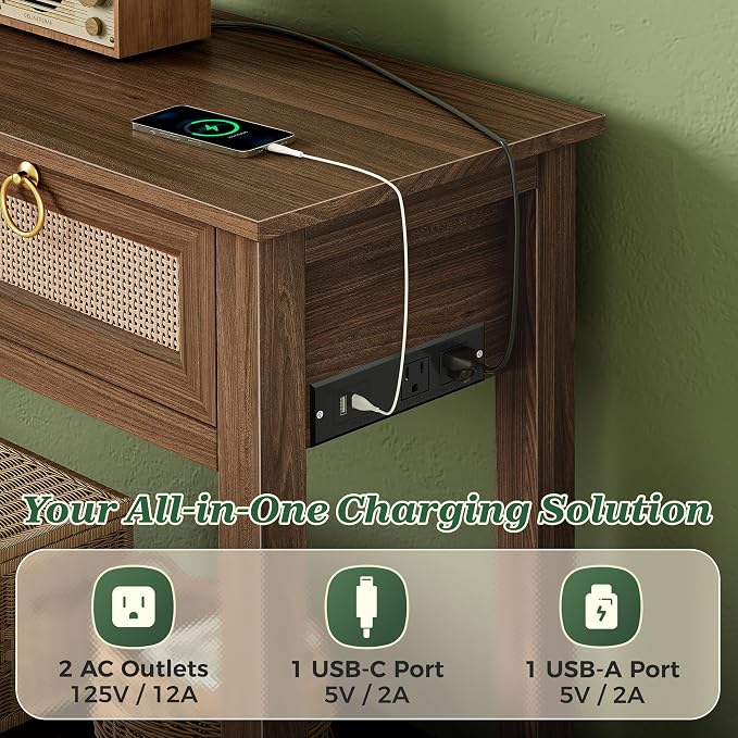SUPERJARE Rattan Console Sofa Table with Outlets and USB-C Port, 3 Drawer Entryway Table with Synthetic Rattan Surface, 53.9 Inch, Open Shelf, Behind Couch Entry Foyer Hallway Storage, Brown