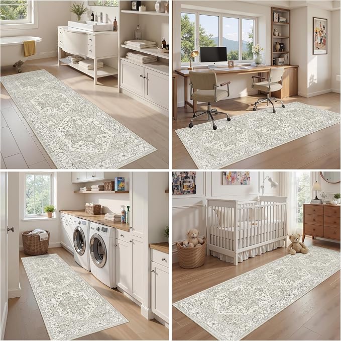 Runner Rug 2'x6' Washable Vintage Area Rugs for Hallway Non Slip Laundry Rug Runner Boho Floor Carpet Runners for Entryway Laundry Room Kitchen Bathroom (2'x6',Beige)
