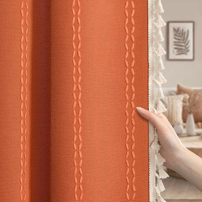 Burnt Orange Boho Blackout Curtains 2 Panels 84 Inch for Living Room Bedroom, Linen Texture Farmhouse Curtains with Tassels and White Cotton Embroidery Vintage Rustic Country Western