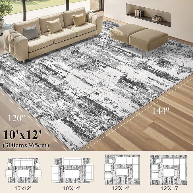 Area Rugs for Living Room: Abstract Washable Rug Modern Neutral Large Soft Stain Resistant Non-Slip Backing Machine Table for Bedroom Dining Room Indoor Home Office Carpet - 10x12 Black Grey
