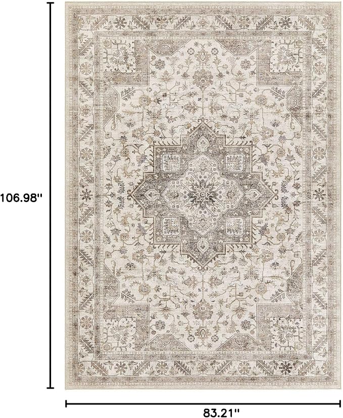 Vintage Living Room Area Rug 7x9 - Large Soft Washable Oriental Traditional Distressed Farmhouse Rugs for Bedroom - Indoor Floor Accent Carpet for Home Office House Decor - Light Brown