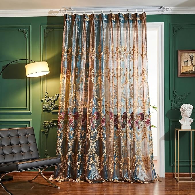 NAPEARL Luxury Embroidered Curtains for Patio Doors French Doors Living Room, European Style Extra Wide Sheer Doorway Curtain Drapes with Floral Patterns Pull Pleated Tape (100"W x 84"L (Pack of 1))