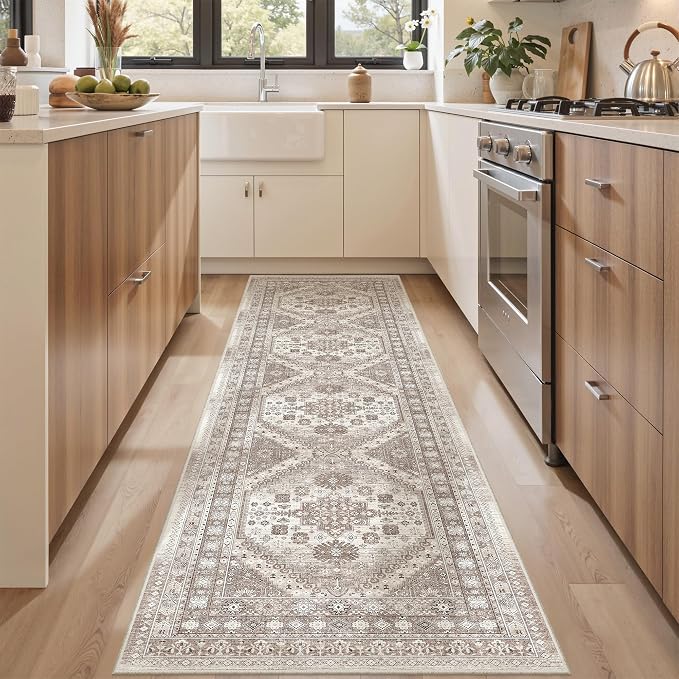 befbee 2x8 Runner Rug Washable Hallway Runner Rug Ultra-Thin Soft Kitchen Rug Non Slip Indoor Floor Foldable Carpet with Low Pile for Bathroom Laundry Room Living Room Entryway(Brown/Beige,2'x8')