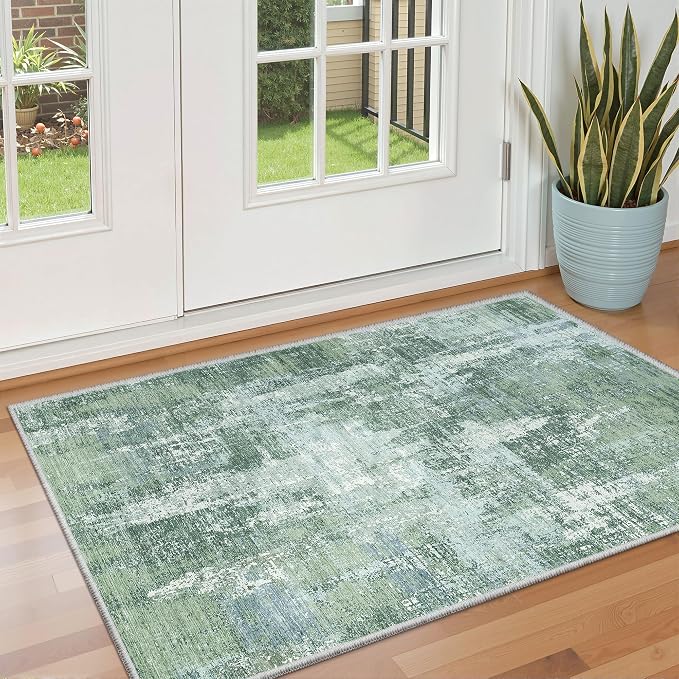 Valenrug Washable Rugs 4x6 - Stain Resistant 4x6 Area Rugs for Living Room, Non Slip Backing Abstract Rugs for Bedroom, Folable Machine Washable Area Rug(4'x6', Sage Green)