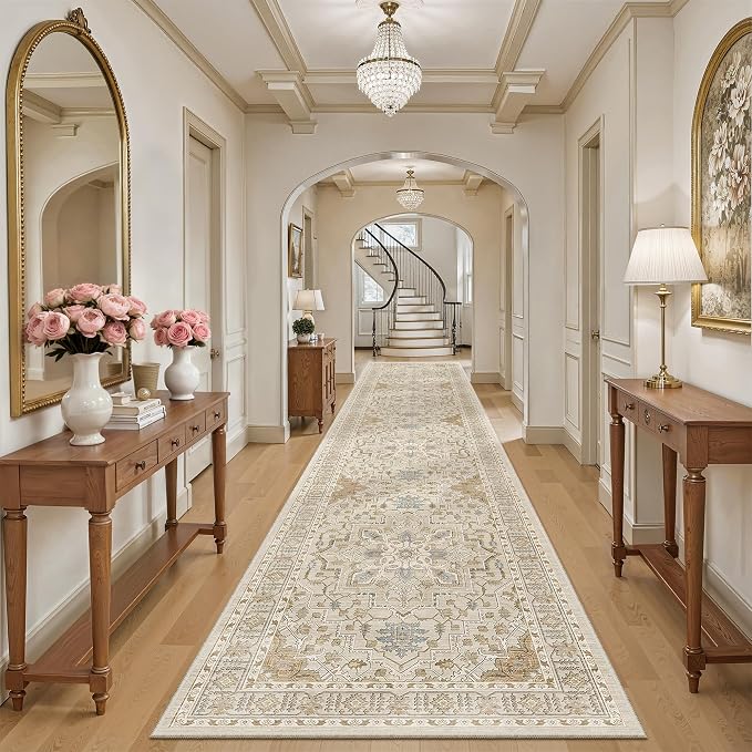 Madane Hallway Runner Rug 3x16 Washable Kitchen Runners Long, Beige/Blue | Vintage Non-Slip Wide Area Rugs 16ft for Entryway, Soft Thin Low-Pile Farmhouse Indoor Floor Carpet for Living Room Bedroom