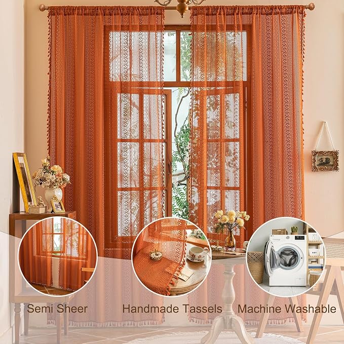 Sutuo Home Boho Lace Curtains 2 Panel Sets for Bedroom Living Room, Semi Sheer Curtains French Country Privacy Vintage Tassels Orange Victorian Style Rustic Decor Rod Pocket,50" x 96" Terracotta