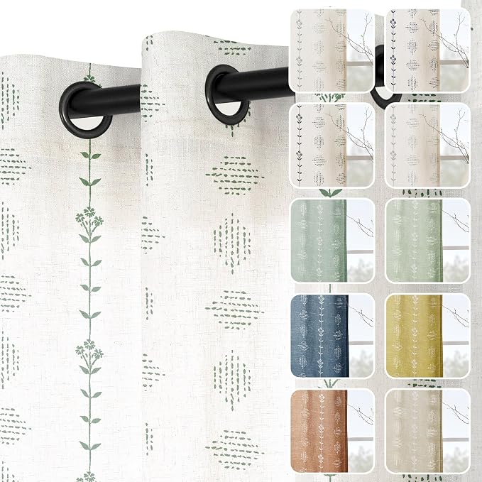 Sage Green Floral French Country Curtains, 72 Inch Long Cottage Core Farmhouse Linen Natural Fabric Patterned Drapes for Living Room Sunroom