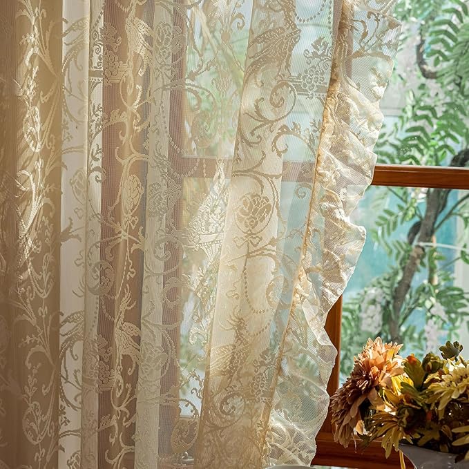 TUDECO Beige Lace Kitchen Curtains 45 Inch Length - Rustic Floral Half Cafe Short Lace Curtains, Small Voile Drapes for Small Bathroom Window Privacy Ruffle Edges Rod Pocket 2 Panels, 59 x 45 Inch