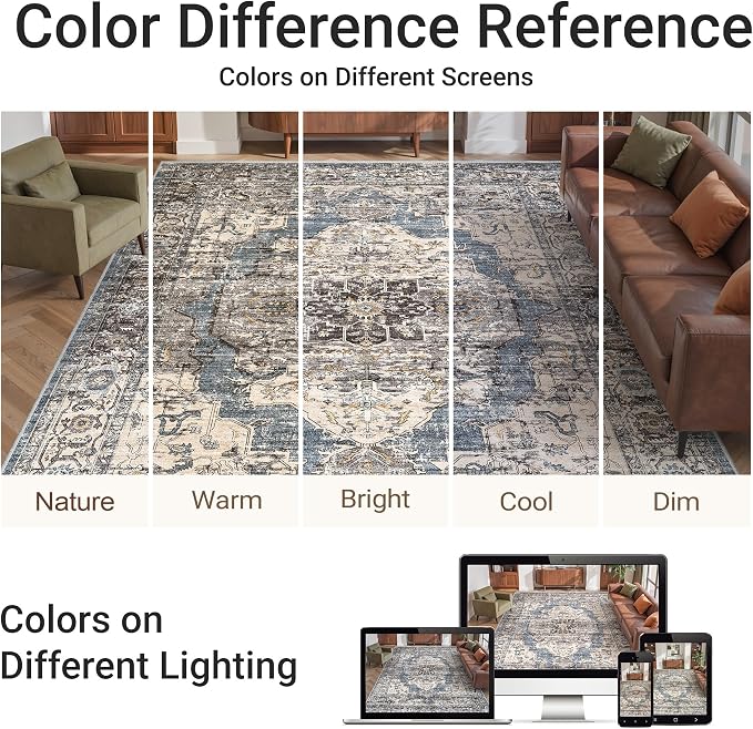 befbee 5x7 Area Rugs for Living Room, Stain Resistant Neutral Washable Rugs for Dining Room, Floral Vintage Non-Slip Thin Large Size Area Rug (Blue/Black)