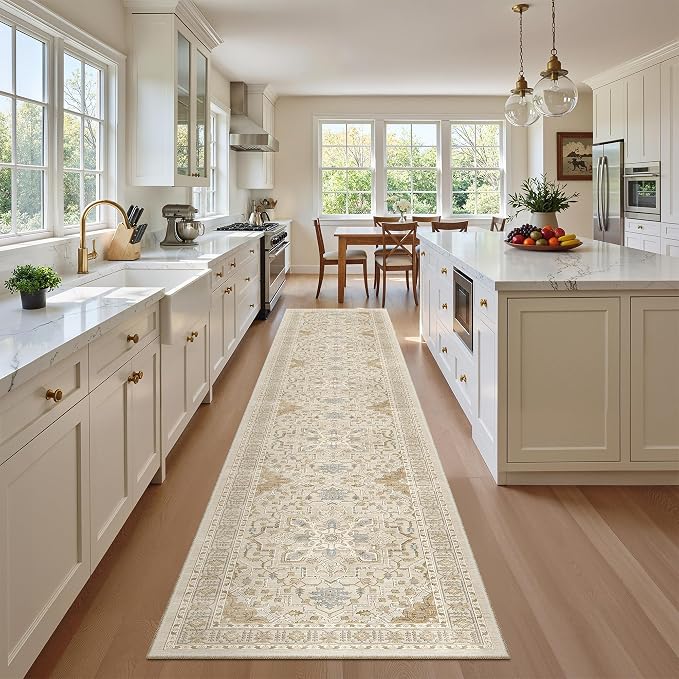 Madane Washable Runner Rugs 2x12 Long for Hallway Kitchen Soft, Beige/Blue | Non-Slip Vintage Printed 12ft Rug Runners with Rubber Backing, Thin Low-Pile Floor Carpet Laundry Room Entryway, Corridor