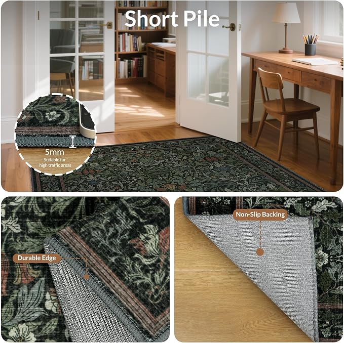 GENIMO 2x7 Washable Runner Rug for Hallway, Non Slip Mat, Dark Green | Vintage Boho Floral Low Pile Thin Mat for Entryway, Kitchen, Bedroom, Indoor Decor