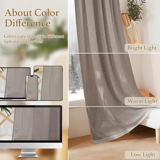 RYB HOME Extra Long Sheer Curtains - Linen Textured Privacy Semi Shears for Sliding Glass Door Hotel High Ceiling Window Living Room, Birch Brown, W 52 x L 108 inches Long, 1 Pair