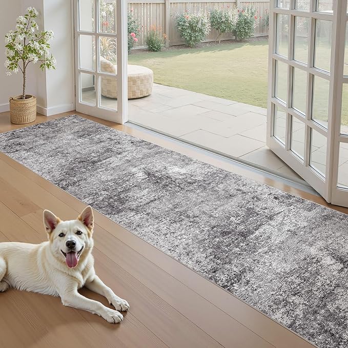 DMOYEST Washable Runner Rug for Hallway: 2.6x10 Neutral Modern Abstract Low Pile Area Rug with Non-Slip Backing - Carpet for Bedroom Kitchen Laundry Entryway Bathroom Indoor - Grey