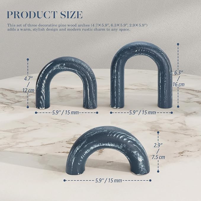 EOSAHR Pine Wooden Arch Decor Set for Blue Bookshelf Decor - Wood Sculpture for Coffee Table, Side - Decorative Objects for Living Room, Entryway, Home Office (Blue)