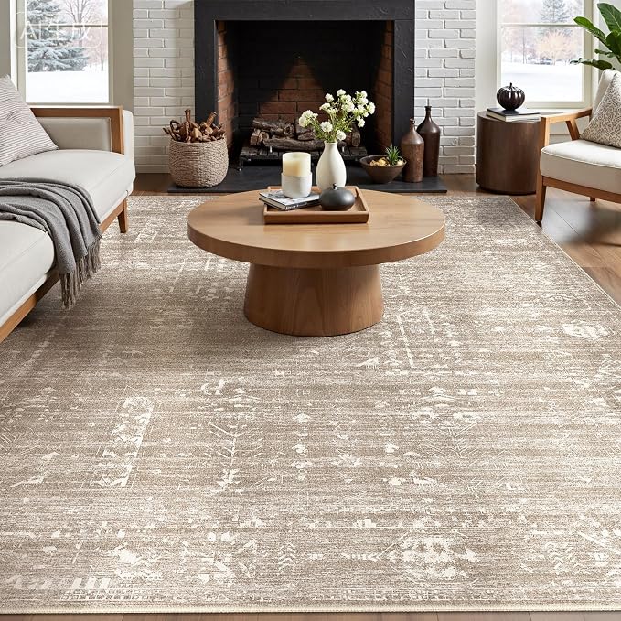 Area Rug for Living Room - 7x9 Soft Washable Oriental Vintage Floral Distressed Large Carpet - Fade Stain Resistant Non Slip Rugs for Bedroom Dining Room Nursery Dorm Office Home Decor - Camel