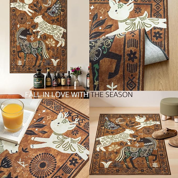jinchan 5x7 Cute Area Rug Kids Washable Fun Rug Earthy Brown Starlit Boho Indoor Floor Cover Non Slip Lightweight Soft Cozy Animal Throw Carpet for Bedroom Nursery Daycare Living Room Dorm