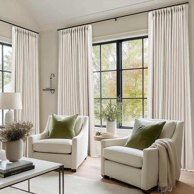 100% Blackout Linen 126 Inch Curtains 2 Panel Set for Bedroom Modern Pinch Pleated Natural Linen Beige White Insulated Heavy Curtain 40 x 126 Inches Length Sliding Glass Door Room Darkening Drapes