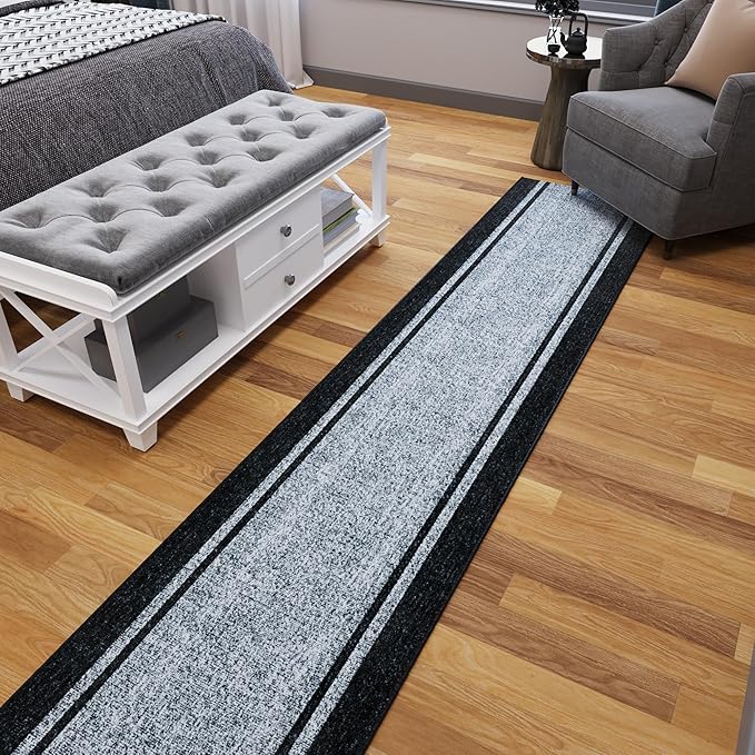 Ottomanson Hallway Runner Rug 2'7" x 14' – Soft Non-Slip Rug, Low Pile Carpet for Entryway, Kitchen & Long Hallways in Apartments and Homes, Border Gray