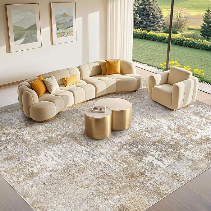 Tortania Washable 11x14 Area Rug for Living Room: Modern Abstract Neutral Large Soft Thin Rugs - Non Slip Indoor Carpet for Bedroom Dining Room Office Nursery Home Floor Decoration - Brown Grey