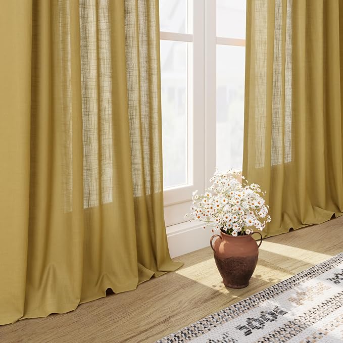 Nanspring Gold Linen Curtains Semi Sheer Gold 96 Inches Long 2 Panels Set for Living Room Back Tab Rod Pocket Light Filtering Drape for Bedroom Modern Farmhouse Coastal Decor Protect Privacy 52x96