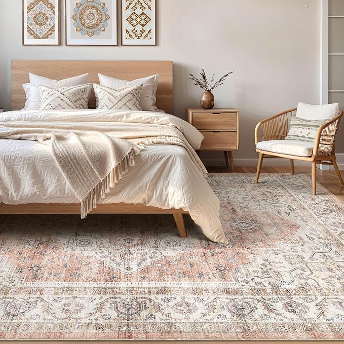 6x9 Area Rugs Living Room: Washable Boho Large Neutral Vintage Soft Rug Stain Resistant Farmhouse Non-Slip Indoor Floor Retro Carpet for Bedroom Nursery Kids Office Dining Room- Pink Brown