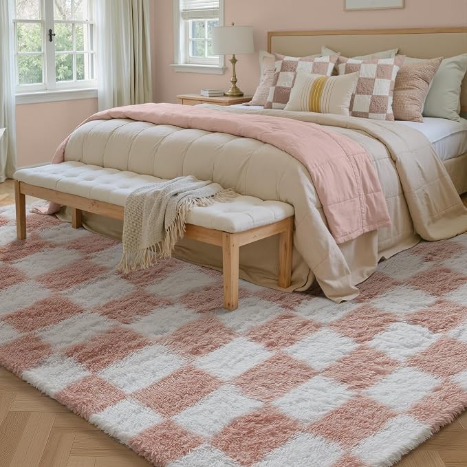 PureCozy Checkered Rug 5x8 for Living Room, Pink and White Modern Shag Rugs Super Soft Washable Indoor Office Fuzzy Carpet Non-Slip Fluffy Rugs for Bedroom Home Aesthetic Decor