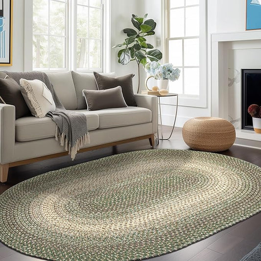 Super Area Rugs Braided Rugs 10x13 Farmhouse Kitchen Rug - Ridgewood Braided Rug for Living Room - Reversible - Indoor/Outdoor - Made in USA - Forest Green/Beige, 10' X 13' Oval