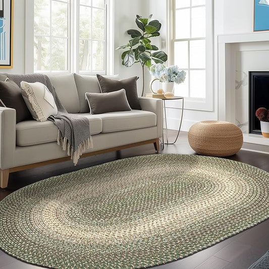 Super Area Rugs Braided Rugs 5X8 Farmhouse Kitchen Rug - Ridgewood Braided Rug for Living Room - Reversible - Indoor/Outdoor - Made in USA - Forest Green/Beige, 5' X 8' Oval