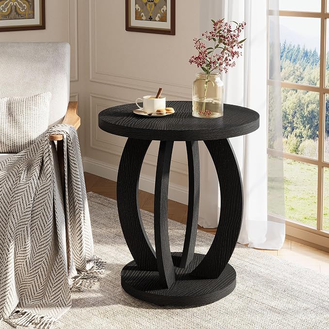 Tribesigns Round End Table, Rustic Side Table with Storage | Nightstand Bedside with Round Tabletop; Accent End Table for Living Room, Bedroom, Small Space