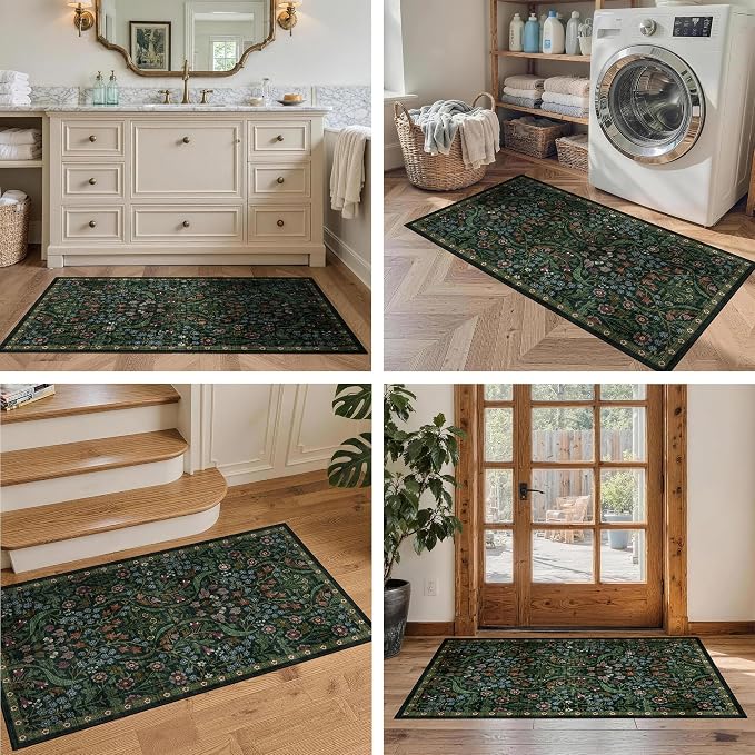 2x4 Washable Runner Rug Kitchen Hallway Area Rug Vintage Boho Floral Ultra Non-Slip Low Pile Soft Faux Wool Carpet Kids and Pets Friendly for Bathroom Bedroom Entryway Nursery Home Rug Green