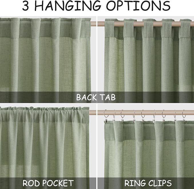 Nanspring Light Sage Linen Curtains 100 Inches Long for Living Room 2 Panels Set Extra Long Back Tab Modern Curtain Semi Sheer Light Filtering Drapes Floor to Ceiling for Large Windows 52x100