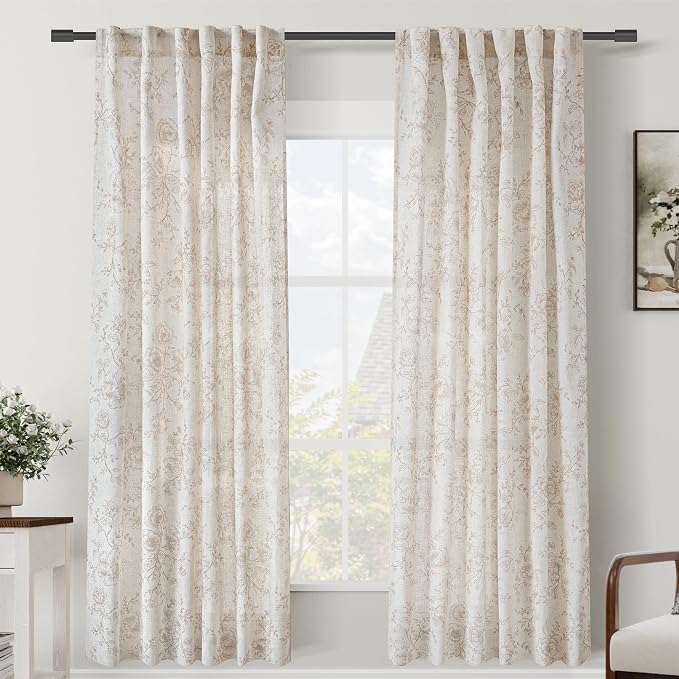 Meikelor Brown Floral Curtains 80 inch Length Back Tab Farmhouser Living Room Light Filtering Curtains Brown Pattern Print on Cream White Linen Curtain Minimalist Aesthetic Vintage Room Decor 52x80