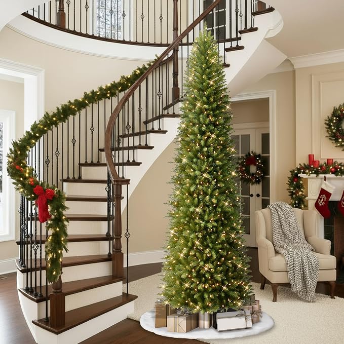 Puleo International 10ft Pre-Lit Fraser Fir Pencil Christmas Tree with 650 Clear Lights, 2436 Realistic Dense Branch Tips, Easy Setup Artificial Trees with Sturdy Metal Stand