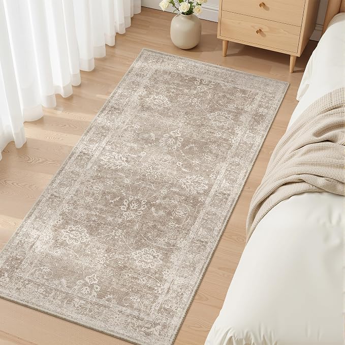Madane 2x4 Washable Rugs for Entryway, Low Pile Non-Slip Small Area Rug Kitchen Door Mat, Vintage Soft Throw Neutral Rug Floor Mat for Indoor Front Entrance Bathroom Hallway (2 x 4, Brown/Sand)