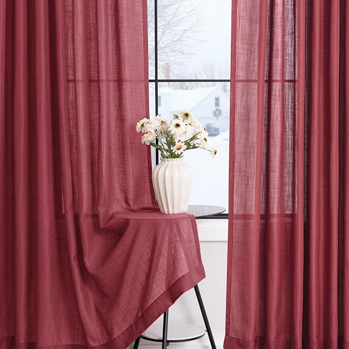 Burgundy Curtains for Living Room Back Tab Modern Farmhouse Semi Sheer Burgundy Curtains 45 inches Long 2 Panels Set Muted Neutral Window Curtain for Dining Room Bedroom 52x45